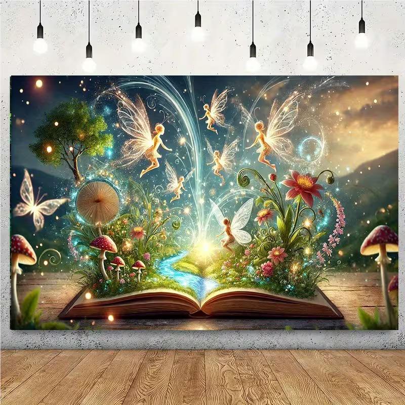 2D Verzauberter Märchenbuch-Hintergrund mit Feen & Schmetterlingen Party Fotoautomaten-Hintergrund