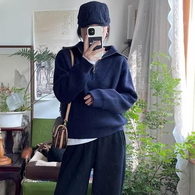 Autumn and Winter New Solid Color Top Lapel Half Zipper Simple Temperament Casual Pullover Knitted Sweater Women's Clothing