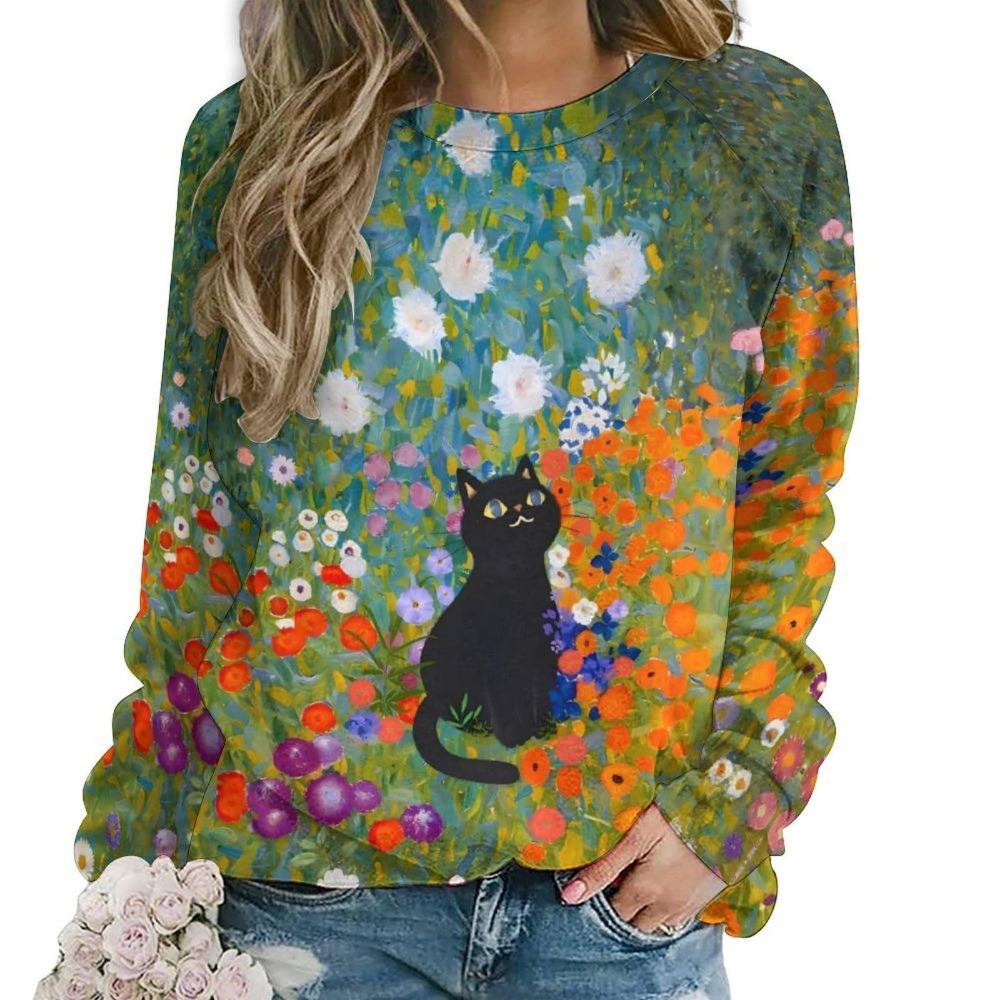 Cute Cat Floral Sweatshirts Flower 3D Print Women New O-Neck Hoodies Casual Streetwear Y2k Pullovers Harajuku Top Woman Clothing