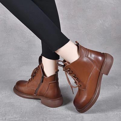 Lederstiefel Damen Martin-Stiefel Herbst und Winter neu runde Zehe flacher Boden Riemen lässige kurze Stiefel erste Schicht Rindsleder hochschaftige Damenstiefel