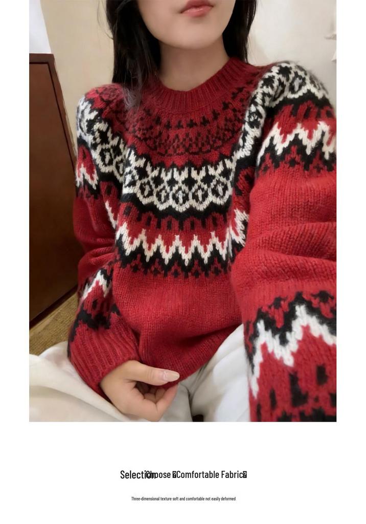 Women's Heavy Jacquard Pure Wool Red Sweater - Winter Collection, Round Neck
