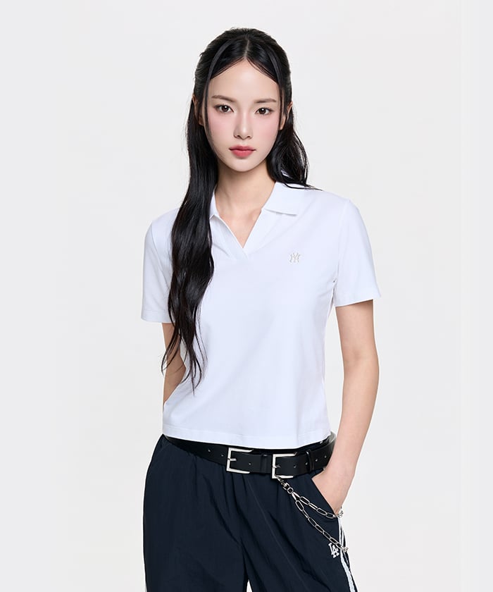 Emelbi Women'S Basic Slim Fit Crop Open Collar T-Shirt Ny (White)