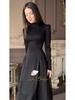Elegant European & American Black Spring Long-Sleeve Dress, Round Neck, 2025 Style.