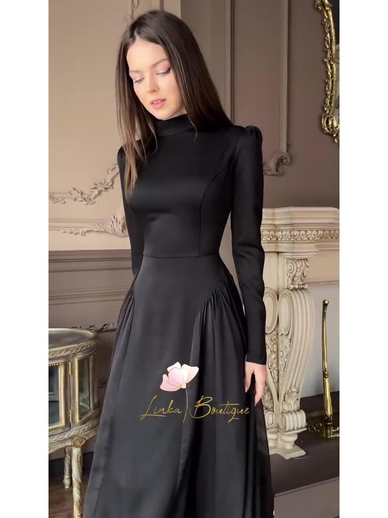 Elegant European & American Black Spring Long-Sleeve Dress, Round Neck, 2025 Style.