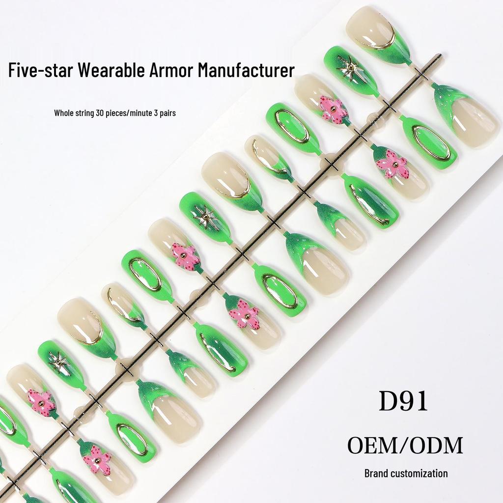 3D Almond-Shaped Transparent Ice Nails: Cat Eye Neon Green Flower Carving & Handmade Embossed Drill Manicure Tips