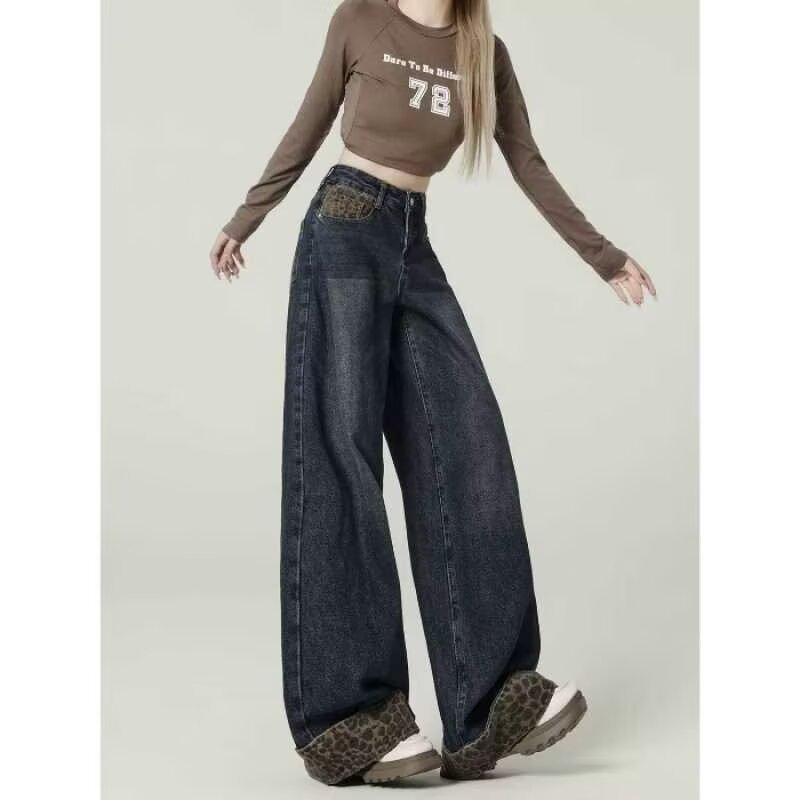 Women s Plus Size Leopard Print Cuffed Jeans - Autumn 2025 Loose Straight Wide Leg Pants Double Extra Large синий