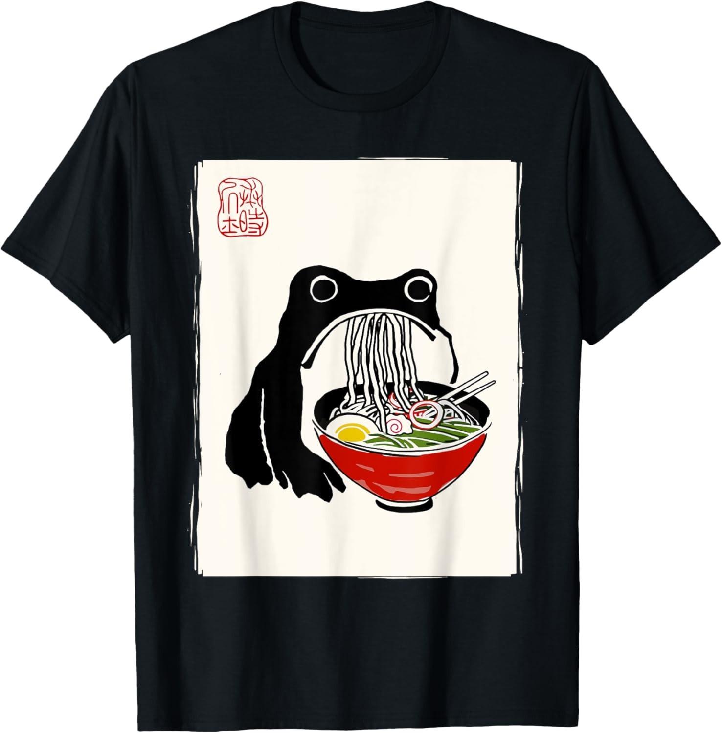 Funny Grumpy Frog Ramen Sumi-e Kawaii Ink Painting Japanese T-Shirt Mens Womens Tees Top M