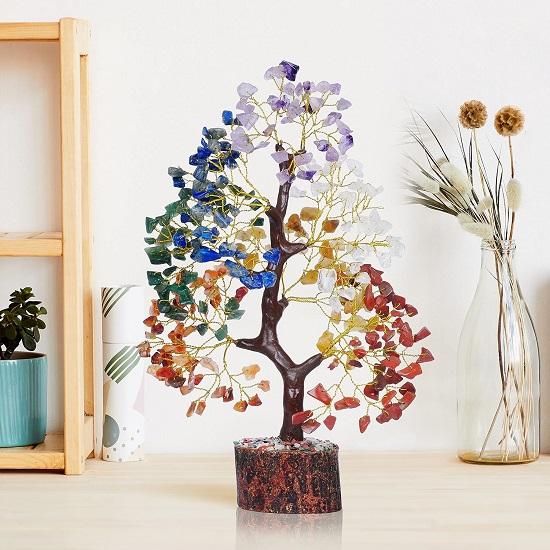 Chakra Crystals and Gemstones, Seven Chakra Crystal Tree Showpiece for Good Luck Home Decor Item Size Multicolor, 1 Piece
