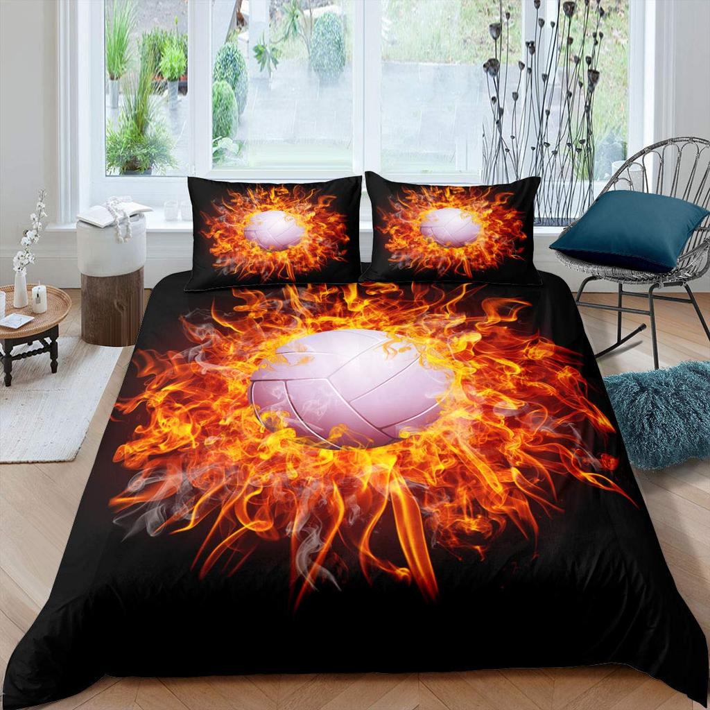 Volleyball Duvet Cover Set Microfiber Sports Ball Theme Fire and Water Blend Volleyball Twin Bedding Set Double Queen King Size