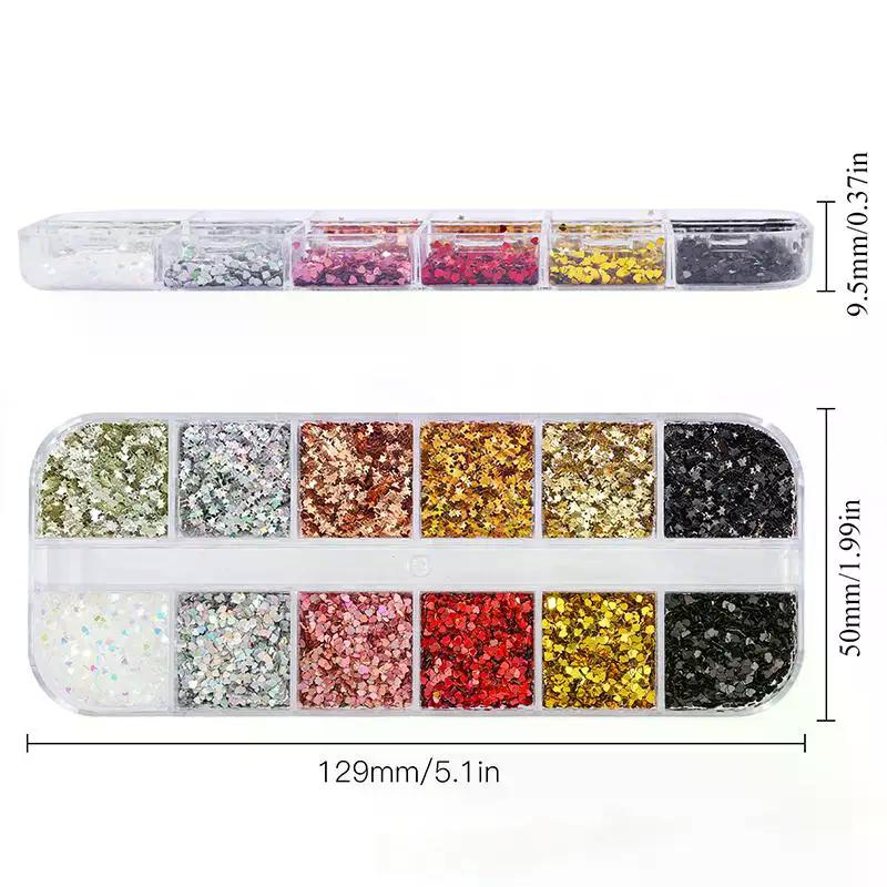 12 Grids Mixed Star Heart Nail Glitter 1mm Star Sequin Nail Art DIY Colorful Sparkling Nail Charms Nail Decoration Accessories
