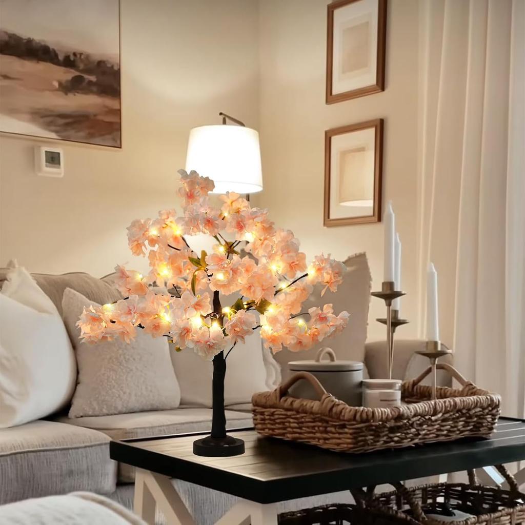 24IN Cherry Blossom Tree Light, 36 LED Lights Tabletop Tree with Timer Pink Flower Tree Lamp with USB Plug or Battery Operated for Home Wedding Party