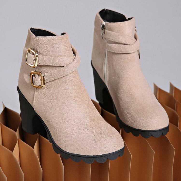Fashion Women's Retro High Heel Ankle Boots Square Heel Woman Suede Leather Boots Female Round Toe Belt Buckle Platform Short Botines
