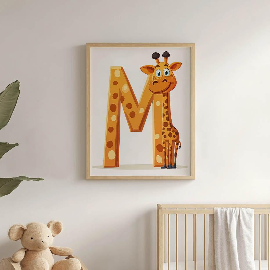 Żyrafa Z Literką M - Plakat Dla Dzieci Żyrafa Z Literką M - Plakat Dla Dzieci, 40X50 Cm, Rama Aluminiowa Czarna, Papier Matowy 230 Gsm
