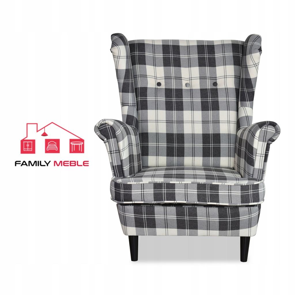 Fotel uszak Winston z podnóżkiem pufą Family Meble krata granatowo - biała