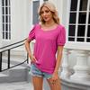 Solid Color T-Shirt  Square Neck Bubble Sleeve Short Sleeve Loose T-Shirt Top for Women