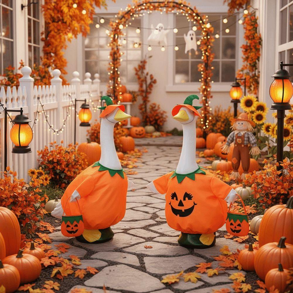 Pumpkin Shape Porch Goose Costume Bright Orange Soft Fabric Pumpkin Outfit Set Lightweight Elastic Waist Lawn Statue Clothing