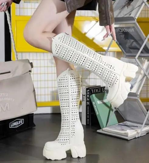 Fashion 12CM Ankle Boots Microfiber Leather Spring Summer Fashion Knee High Booties Platform Wedge Flats Sandals Women Hidden High Shoes