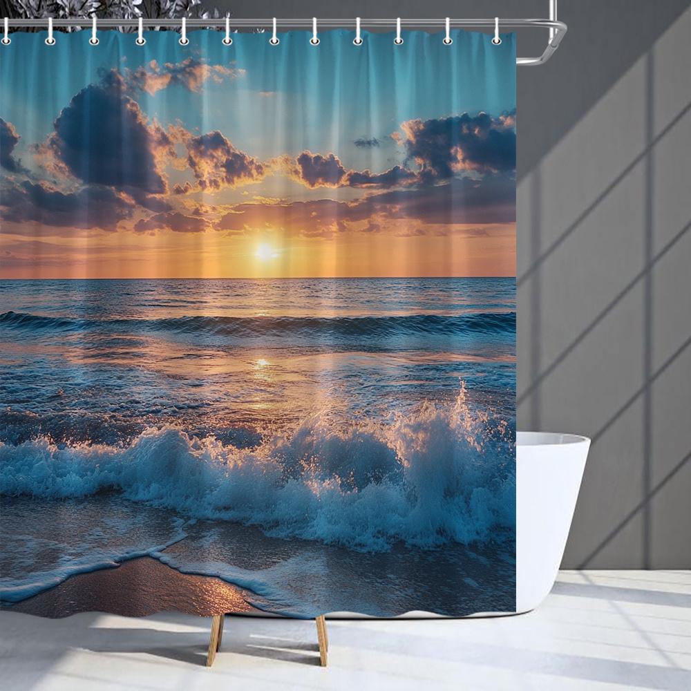 

Tropical Sunset Beach Shower Curtain-Shoreline Print Including 12 Hooks-Ideal For Bathroom Decorative Shower Curtain W60H190(CM)-1 Pcs