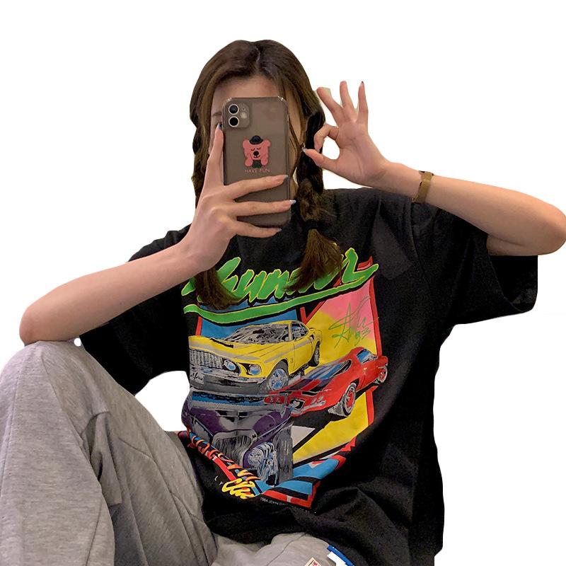 Pure cotton spring and summer loose medium and long retro printed short-sleeved t-shirt women's trend