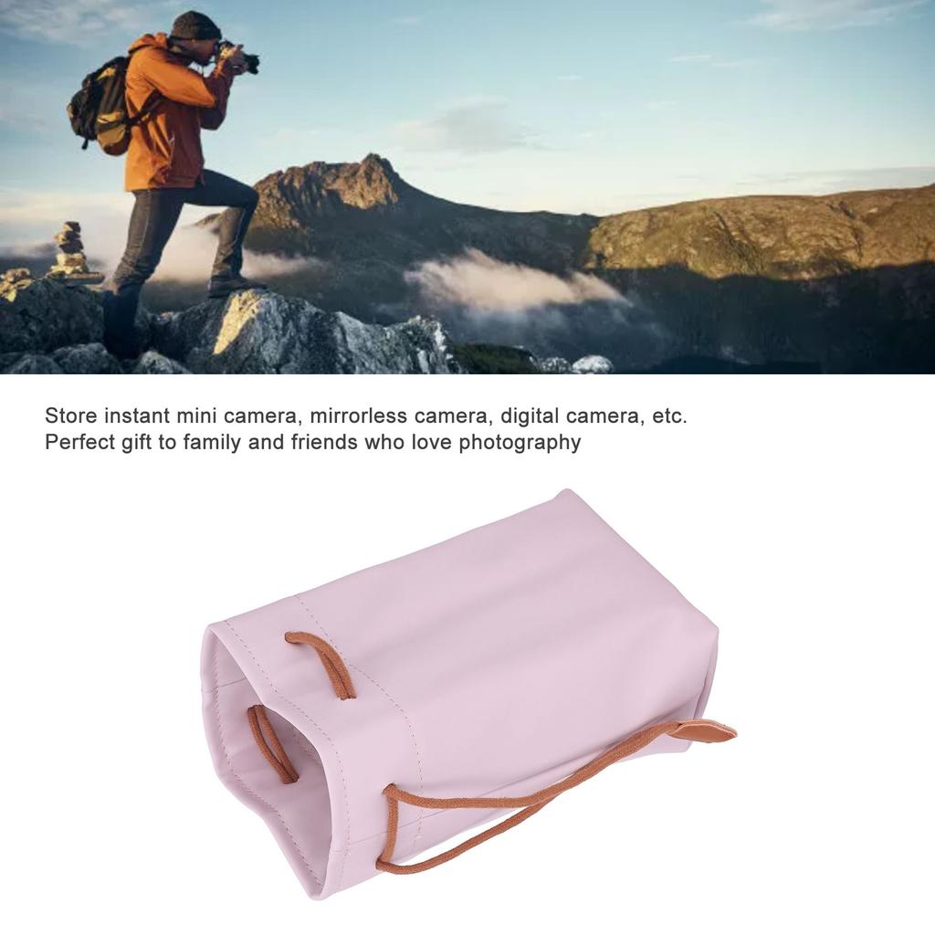PU Leather Drawstring Pouch Bag Portable Waterproof Universal Instant Camera Film Printer Storage Organizer Pink