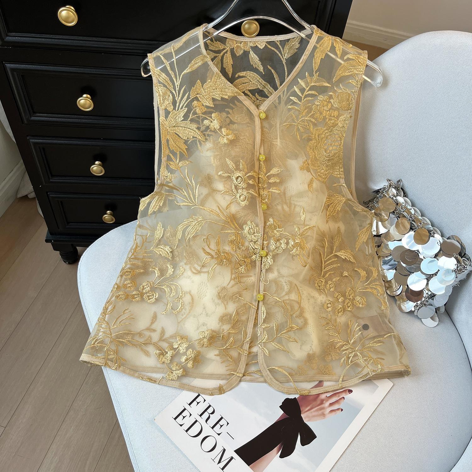 

6615 марлевый вышитый сетчатый жилет женский летний ретро свободный тонкий жилет с темпераментом 3XL ([Recommended 138-75kg])