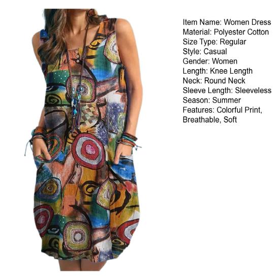 Frauen Kleid Bunte Graffiti Print Lose Rundhals Bohemian Ärmellose Taschen Urlaub Knie Länge Weich
