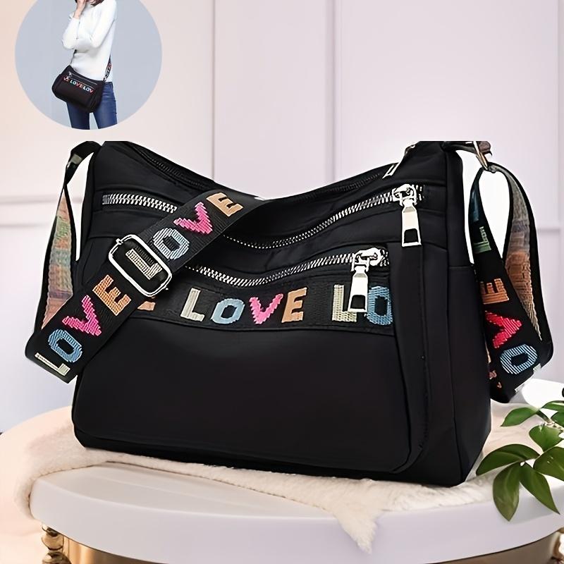 Fashi Letter Pattern Crossbody Bag, Casual Large Capacity Zipper Shoulder Bag, Trendy Oxford Messenger Bag for Women & Girls