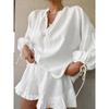 Casual Solid Color Slim Fit Two-piece Set Drawstring Long Sleeve Top & Ruffle Hem Elastic Waist Shorts Outfits