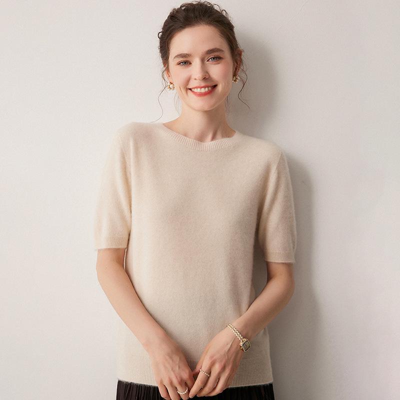 100% Pure Cashmere Round Neck Short Sleeve Pullover Sweater - Solid Color, Loose Fit for Autumn/Winter