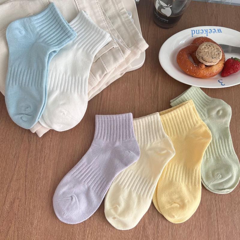 5 Pairs Cream Style Short Socks for Women Breathable Sweat-absorbent Sports Socks Japanese Candy Color Girl Ankle Socks