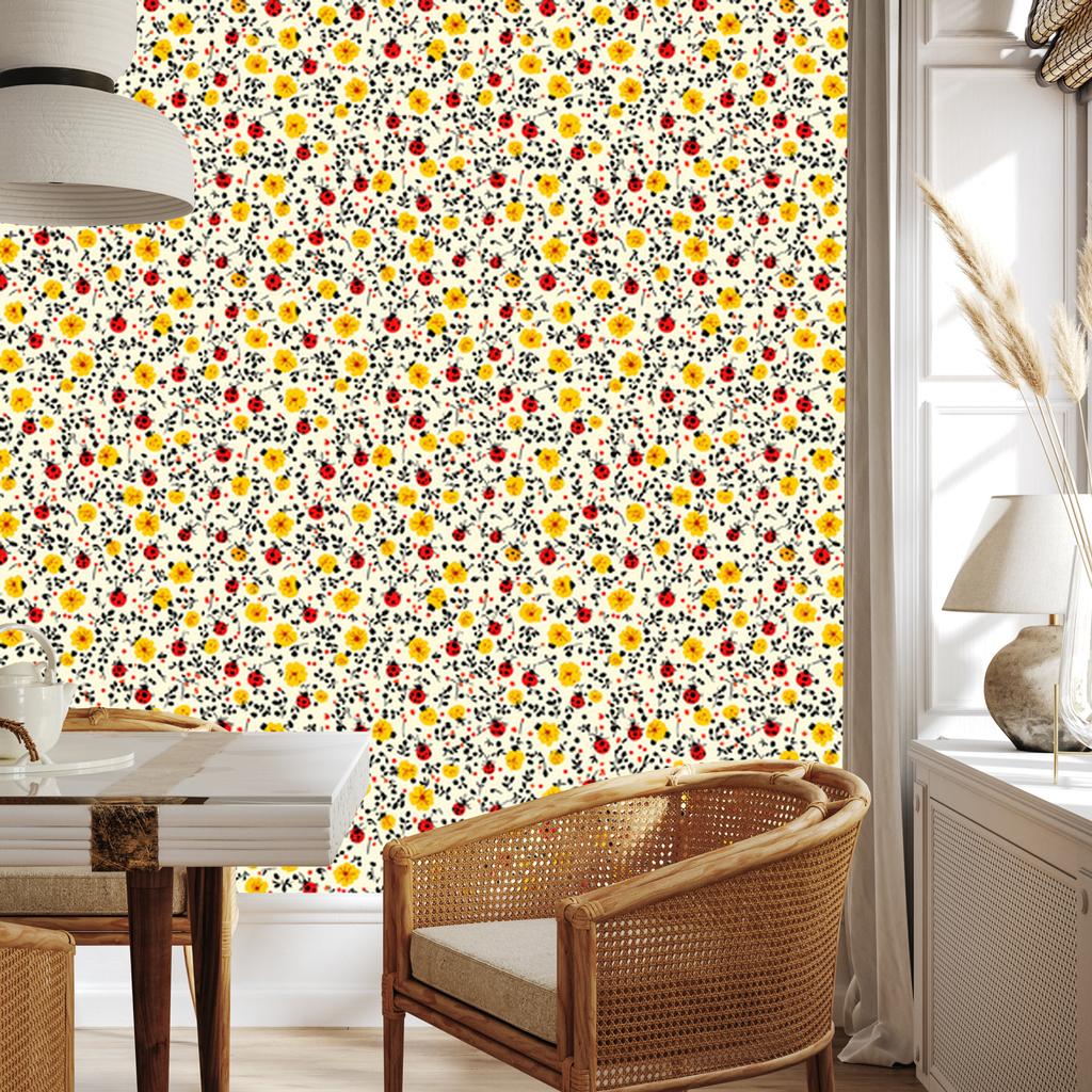 Ladybugs Wallpaper Cream, Beige and Yellow for Living Room and Bedroom 50x1000