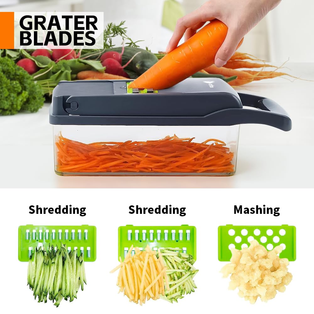 16 in 1 Vegetable Chopper with Container, Food Processor, Dicer, Slicer, Multifunctional Kitchen Gadget, Gray, Plastic/Stainless Steel