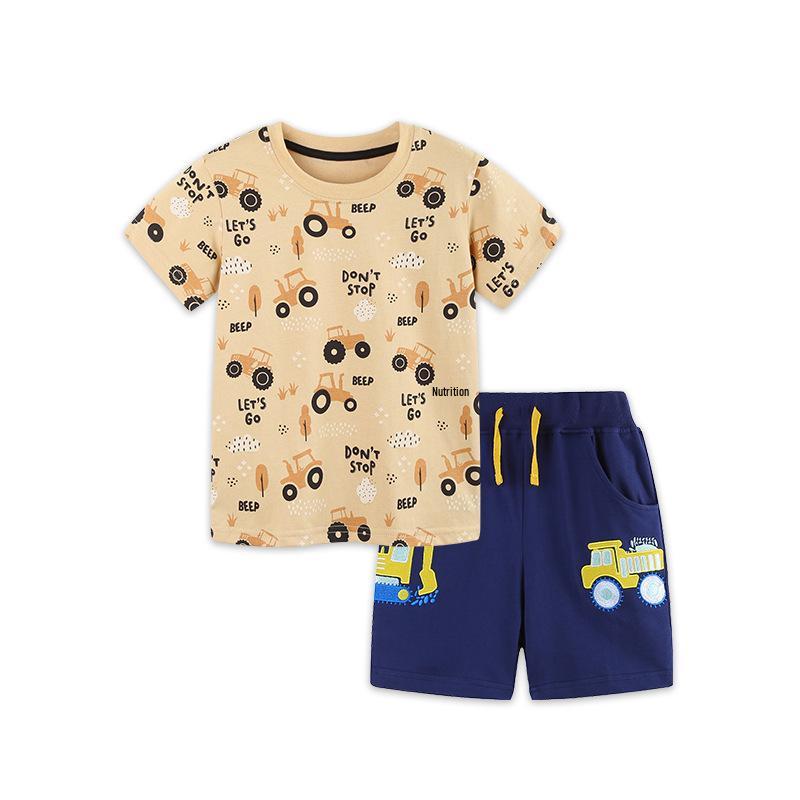 Cartoon Car Print Toddler T-shirt & Shorts Set - European Style, Knit Cotton, Two-Piece