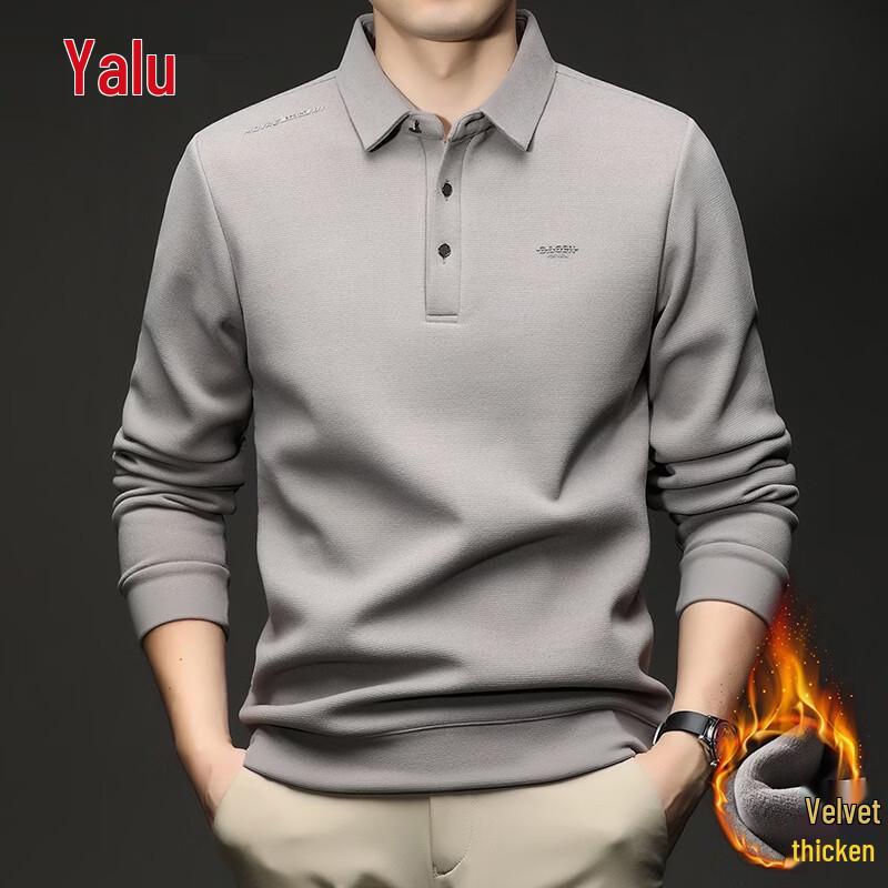Yalu Men's Fleece-Lined Silk-Wool Blend Long-Sleeve Polo Shirt