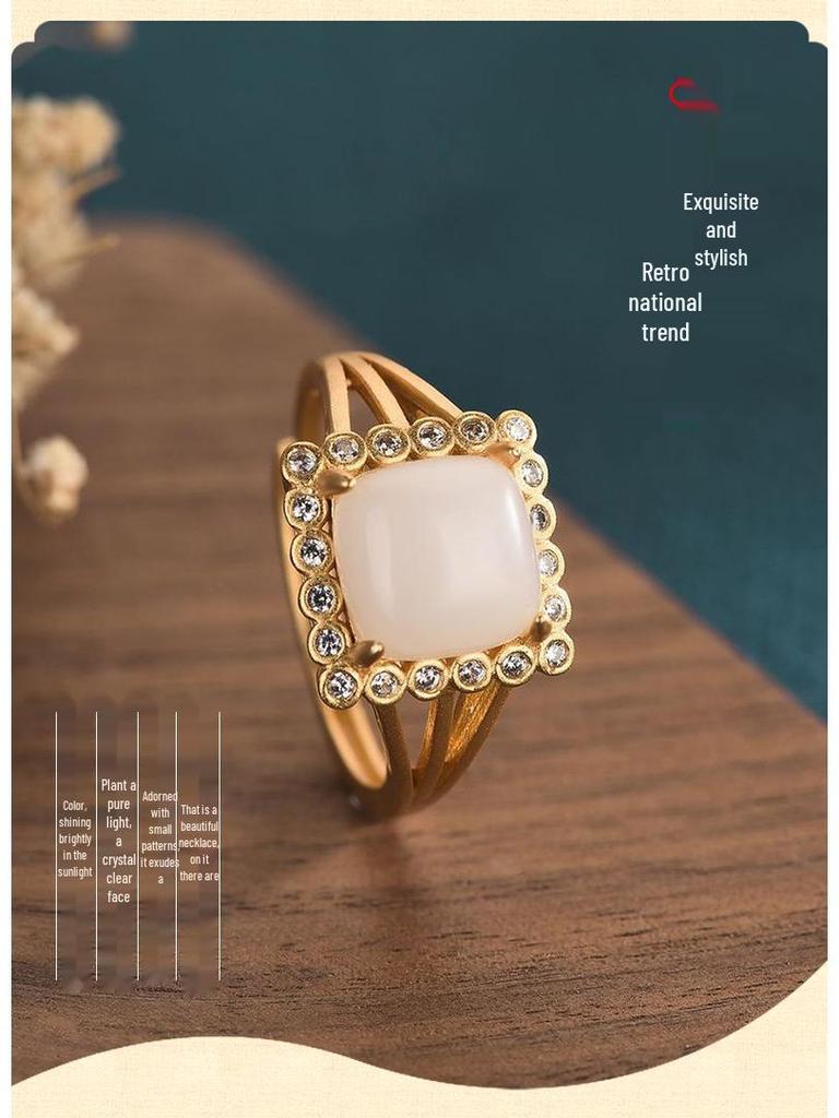 Chinesischer Hofstil Quadratischer Weißer Jade Achat Goldring - Antikes Kostüm Hanfu Accessoire