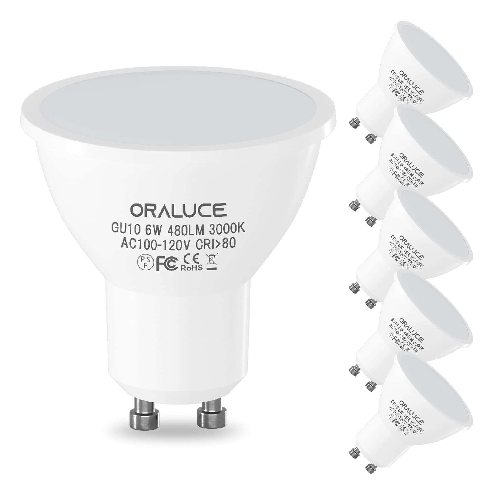 

ORALUCE LED Bulbs, GU10 Base, Spotlight, 50W Equivalent (6W), 480lm, 3000K, Warm White, Non-Dimmable, Energy-Saving, Long Life, 120° Wide Beam