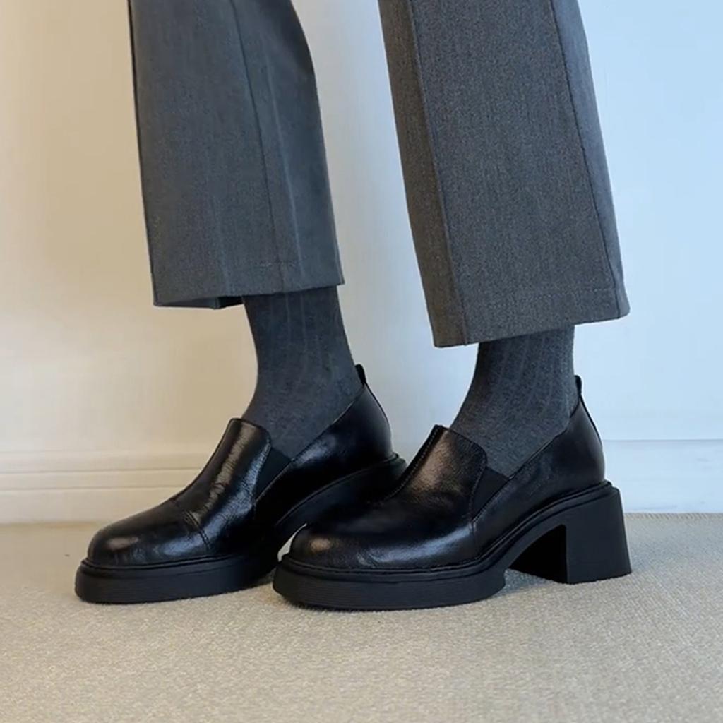 Sheepskin version~ High heel round head loafers women's black leather versatile small leather shoes fashionable one-pedal deep mouth single shoes