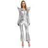 S-3XL Women‘s Disco Jumpsuit Halloween Costume: Shiny Metallic Long Sleeve High Waist Romper with Bell Bottoms & Front Zip