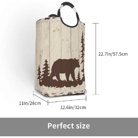 Large Laundry Basket,Wild Animals Rustic Cabin Forest Bear Paw Print Wooden Board,Laundry Hamper Collapsible Organizer Bin with Handles Washing Bin