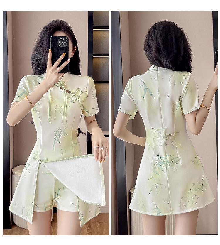 Modern Chinese Two-Piece Set: Cheongsam Dress and Shorts with Frog Button