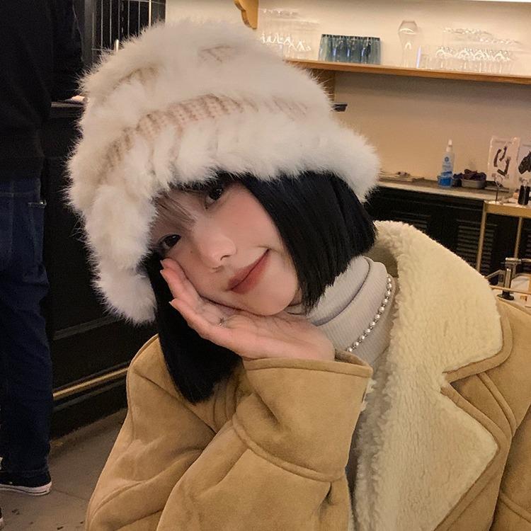 Rabbit fur hat women's autumn and winter thickened knitted hat cute face bucket hat warm wool hat plush lion hat