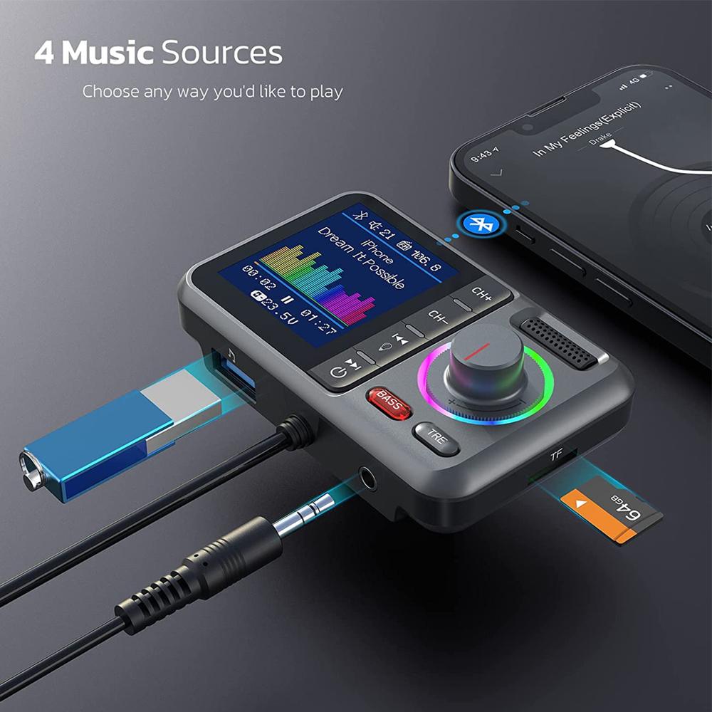 Wireless FM Transmitter 2.4A QC3.0 Dual USB Fast Charging Hands-Free Call Car AUX Adapter MP3 Music Player with Big Color Screen