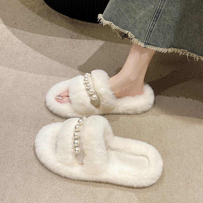 Mao Mao slippers women's outer wear 2025 new Korean version ins trendy shoes autumn and winter pearl thick-soled cotton slippers spring and summer