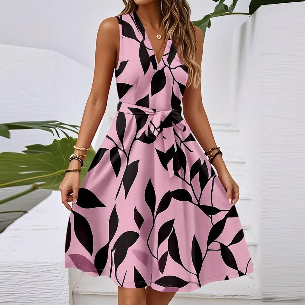 Damen Frühling und Sommer Casual V-Ausschnitt Ärmellose Taille Blumendruck Midikleid