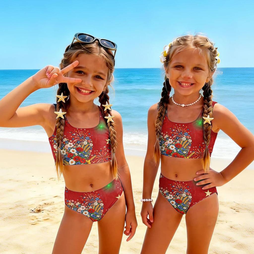 Conjunto de Bikini de Dos Piezas para Niñas, Top Tankini y Braguita, Ropa de Baño de Verano para Niños, Traje de Baño con Estampado del Día de la Independencia