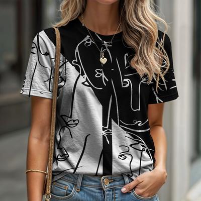 Summer Women's T-shirt Round Neck Short Sleeved Abstract Pattern Artistic Fashion Casual Comfort Shirt