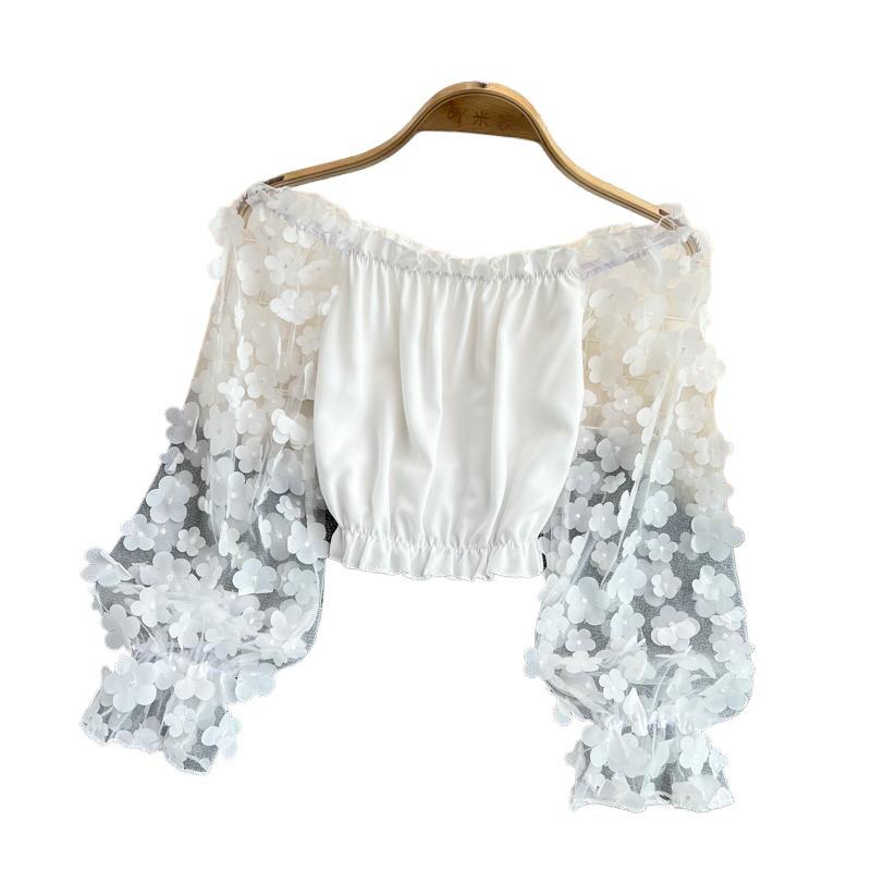 Top da Donna Elegante Monospalla in Chiffon a Rete Floreale 3D - Ampio, Modellante in Vita e Off-the-Shoulder per l'Estate