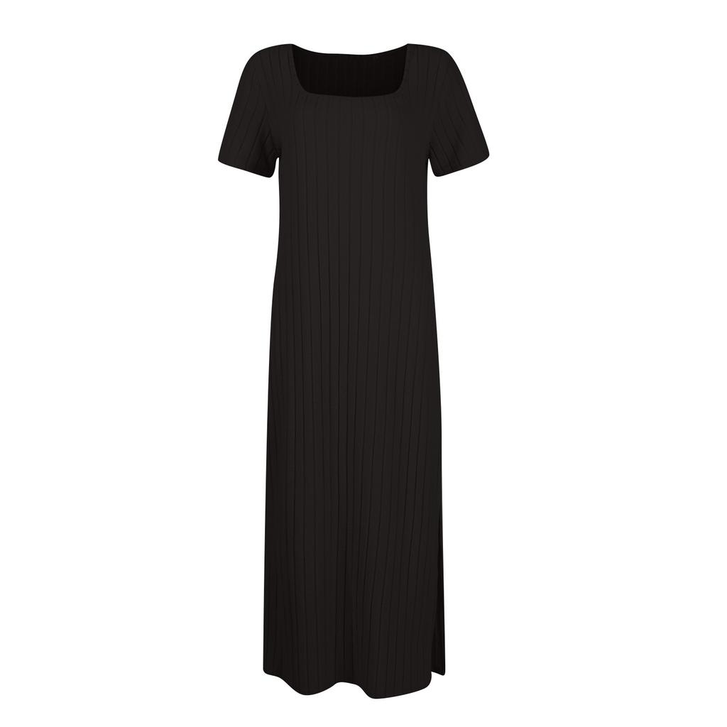 Women's New French Stand Alone Square Neck Short Sleeve Side Slit Dress