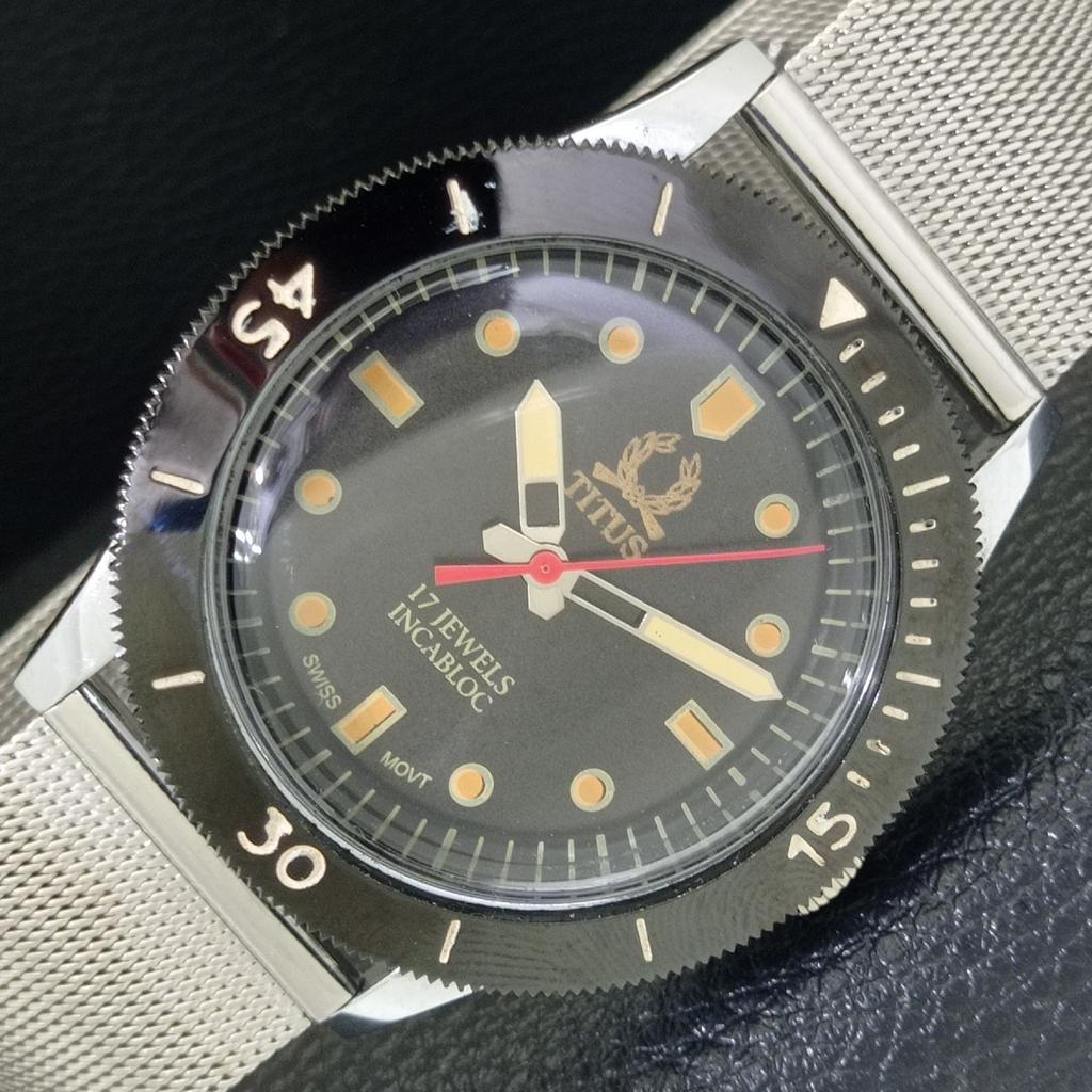 

SWISS VINTAGE TITUS HAND-WINDING MENS TURNABLE BEZEL BLACK DIAL WATCH a700259-5 R202-a700259