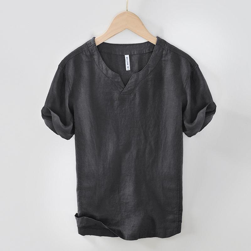 Summer 100% Natural Linens Tees Men Chinese Style Retro Clothes Solid Color Stand Collar V-Neck Short Sleeves Tops&T-shirts Casual Breathable Tshirt